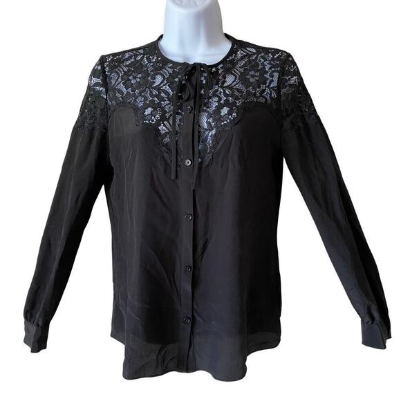 REBECCA TAYLOR Blouse Silk Lace Button Up Tie Black 0 - Picture 1 of 9